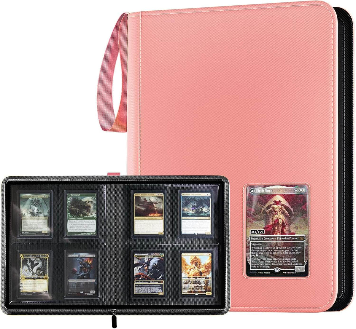 A pink 4 pocket top loader binder shown open with a black insert holding multiple trading cards, alongside the closed binder view showing a clear card window on the front.