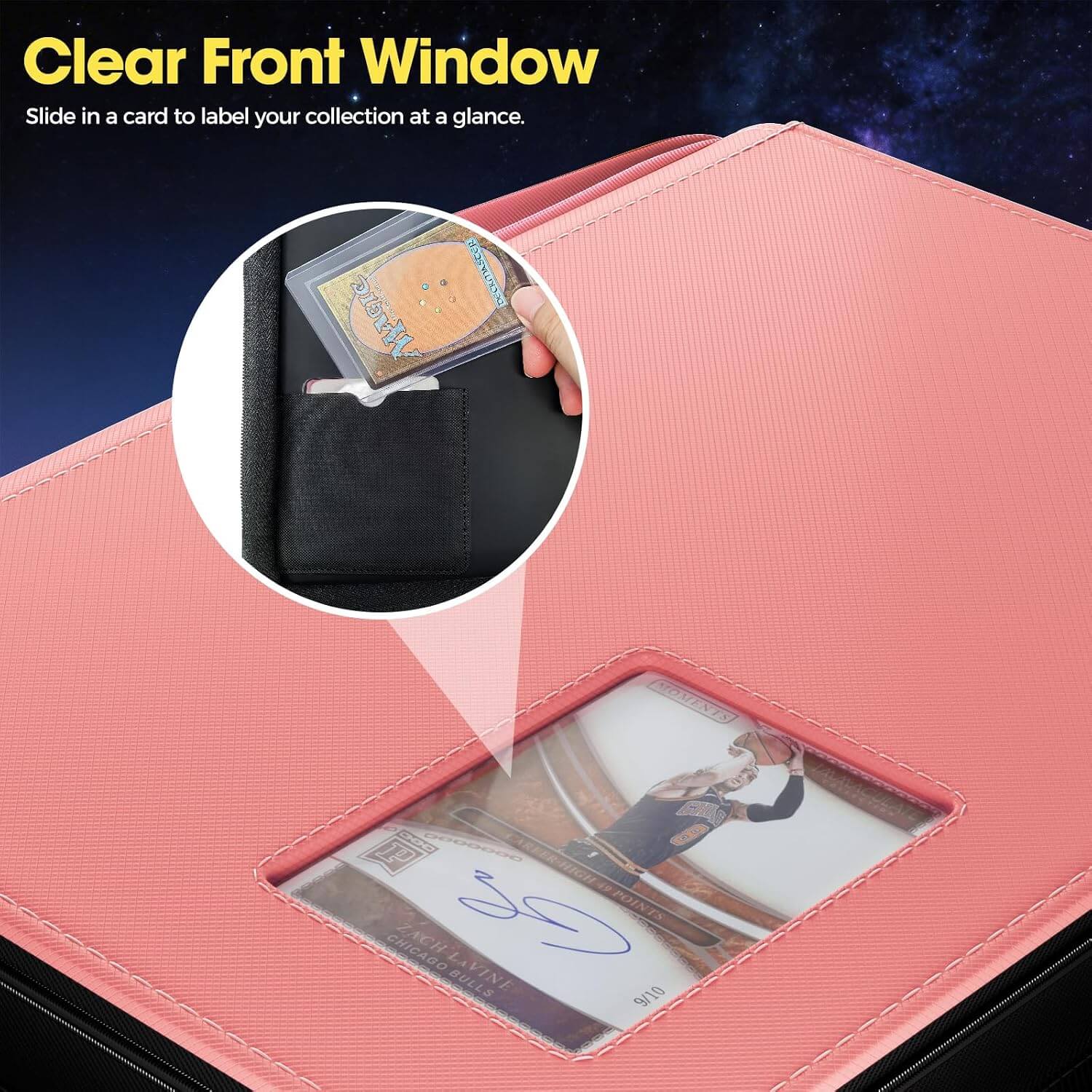 Pink 4 pocket top loader binder with a clear front window displaying a collectible card, plus an inset showing a hand sliding a card into the window. Text at the top reads 'Clear Front Window' and 'Slide in a card to label your collection at a glance.