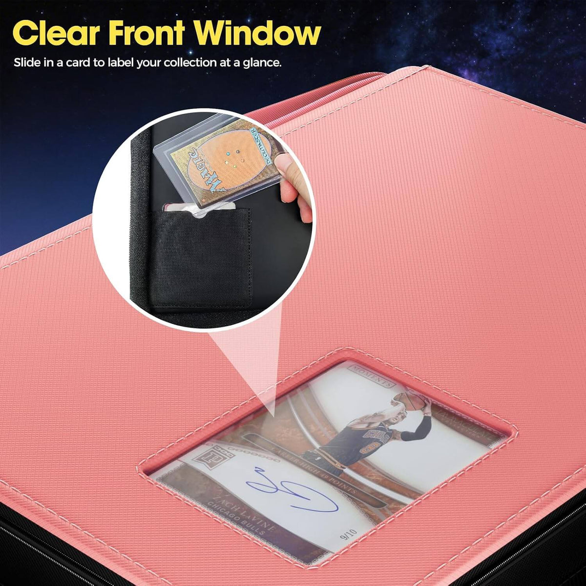 Pink 4 pocket top loader binder with a clear front window displaying a collectible card, plus an inset showing a hand sliding a card into the window. Text at the top reads 'Clear Front Window' and 'Slide in a card to label your collection at a glance.