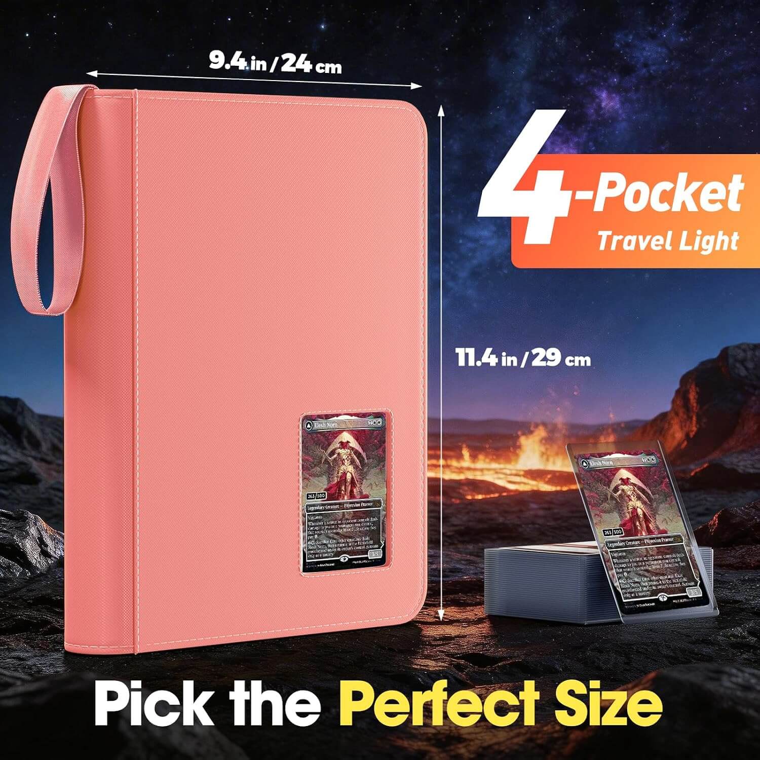 Pink faux-leather 4 pocket top loader binder with a wrist strap, shown with dimension lines and text indicating size options, alongside a small display stand and card insert, on a dark space-and-desert background.