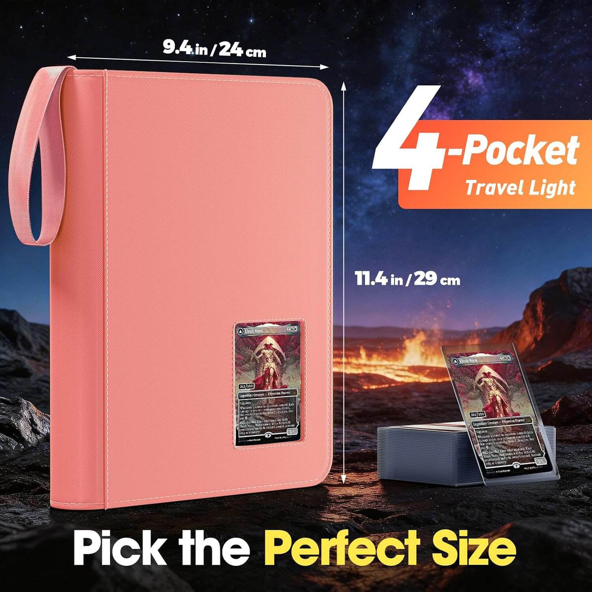 Pink faux-leather 4 pocket top loader binder with a wrist strap, shown with dimension lines and text indicating size options, alongside a small display stand and card insert, on a dark space-and-desert background.