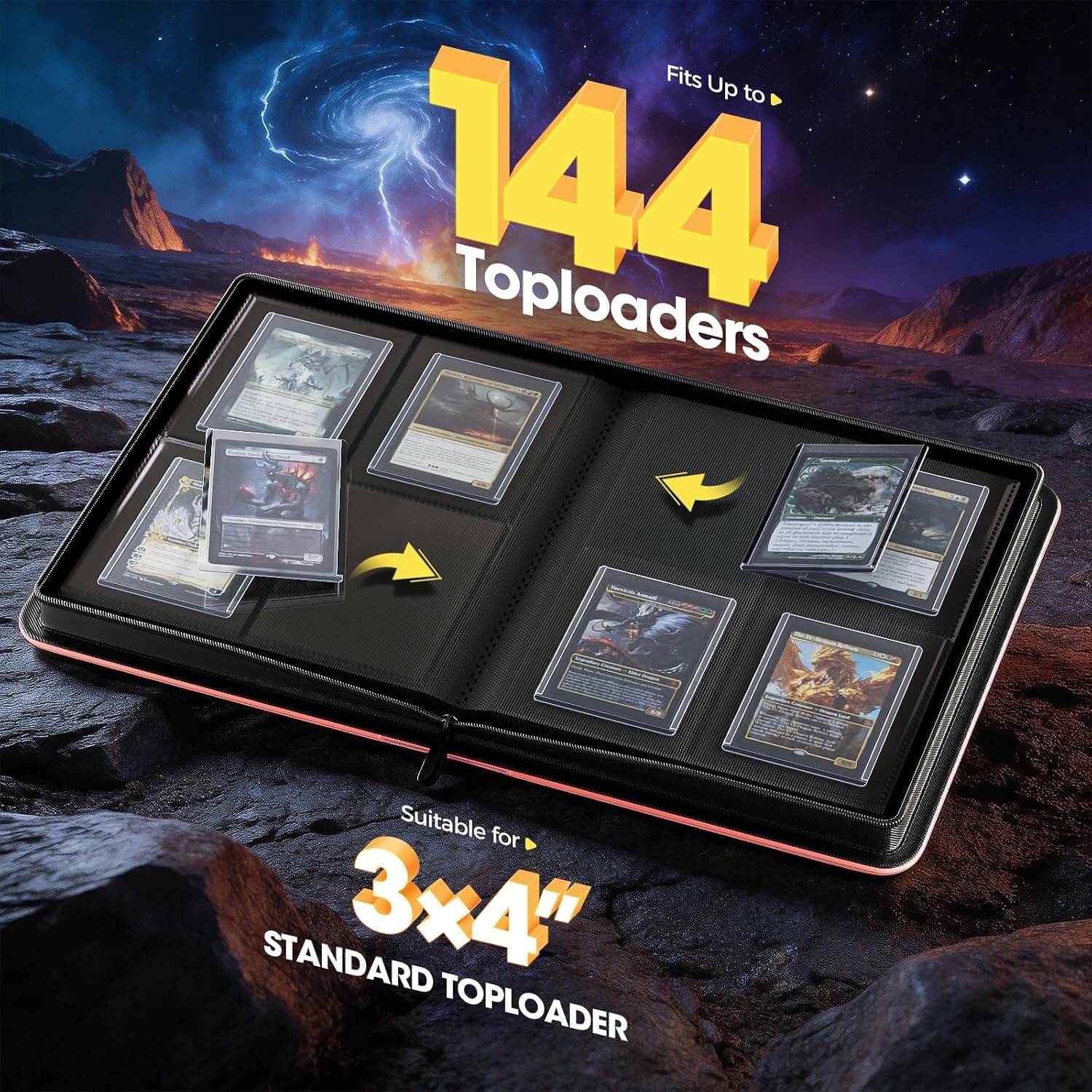 4 pocket top loader binder for trading cards, set against a cosmic landscape background.