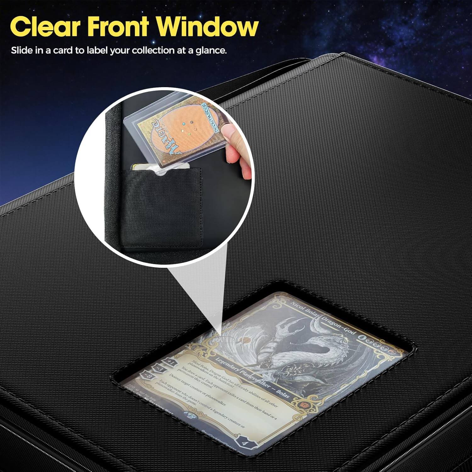 Black 4 pocket top loader binder with clear front window for displaying trading cards, featuring a close-up of a card inside.