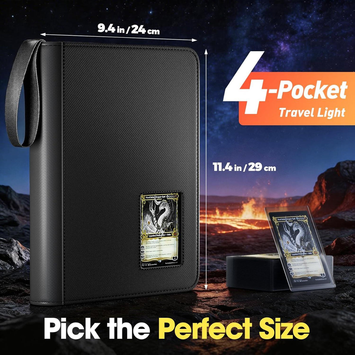 A black 4 pocket top loader binder with a black wrist strap, shown with dimension lines and text overlays indicating its size. 