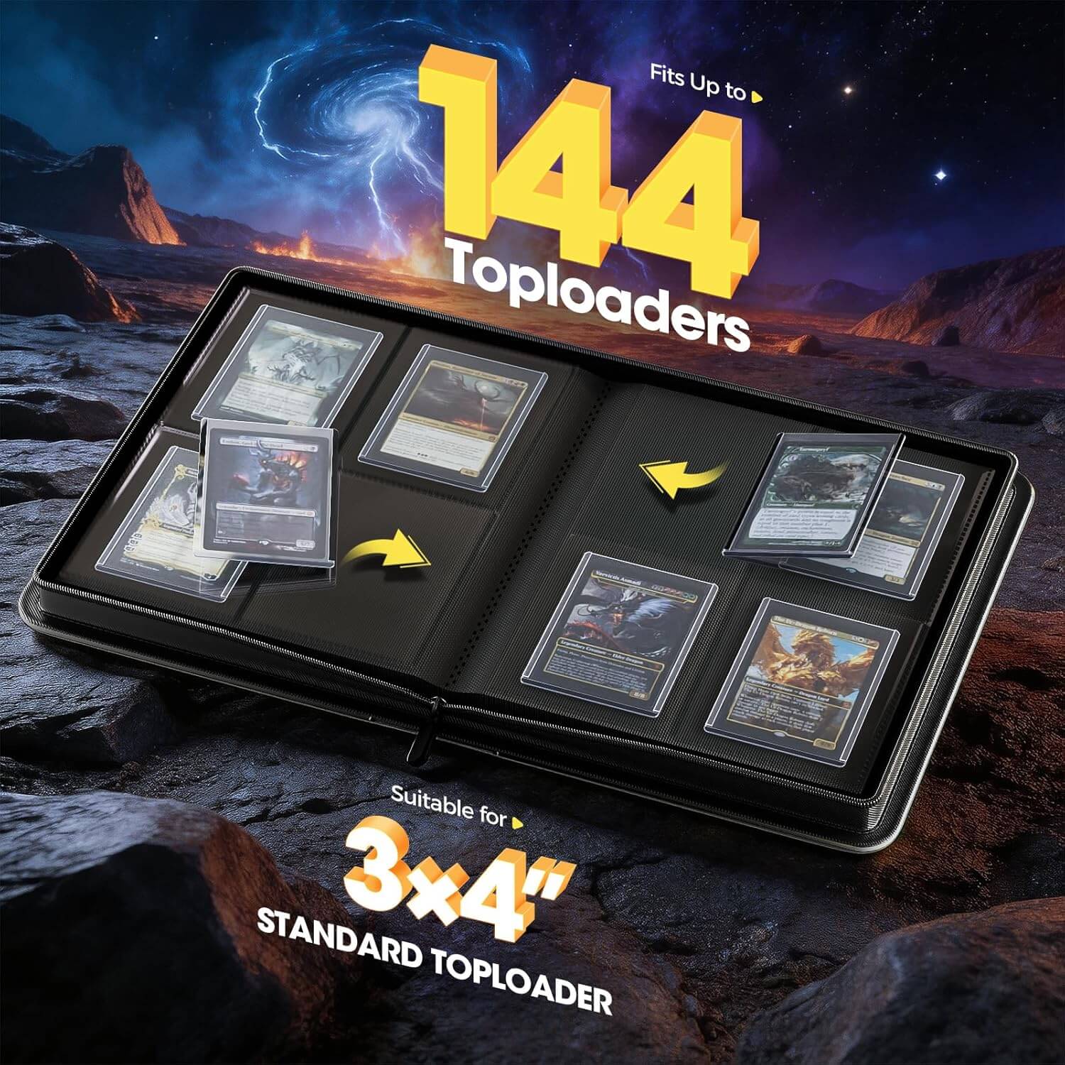 A black 4 pocket top loader binder shown open, displaying six clear sleeves with sample trading cards. 