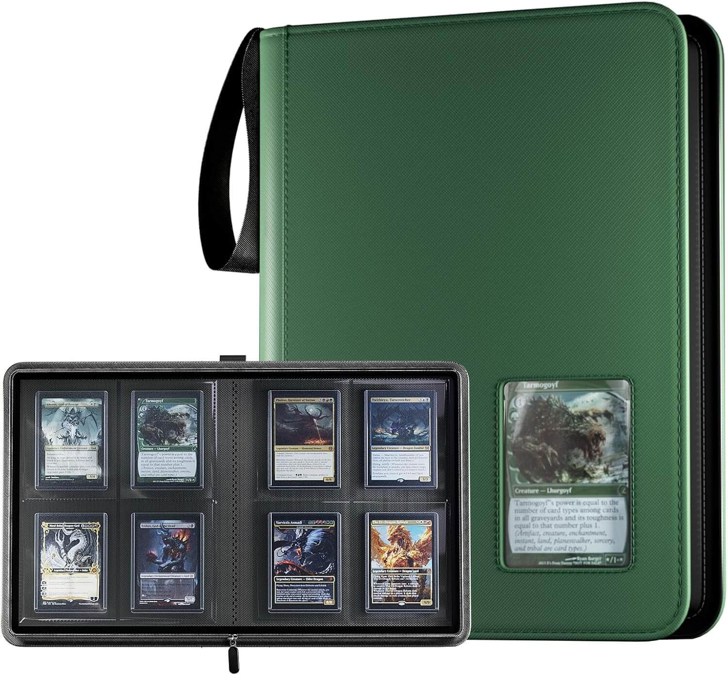 A green 4 pocket top loader binder shown closed and open, with black sleeves holding multiple cards visible in the transparent window and interior slots.