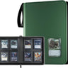 A green 4 pocket top loader binder shown closed and open, with black sleeves holding multiple cards visible in the transparent window and interior slots.