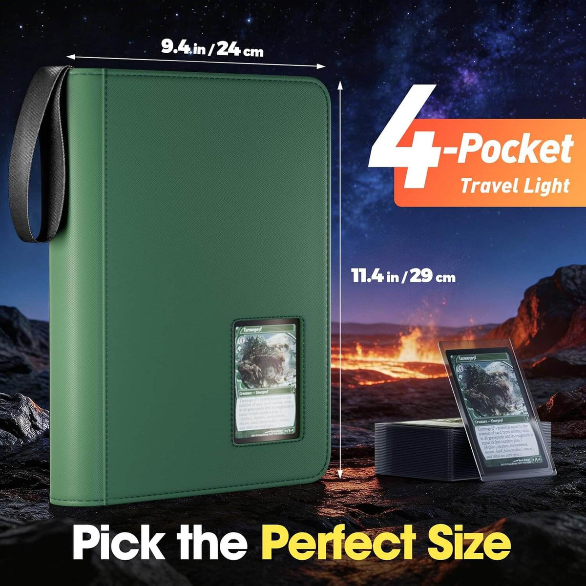 Green 4 pocket top loader binder with a wrist strap, shown with dimension lines and text overlays indicating size options, alongside a small inset showing the light on and a card inside.