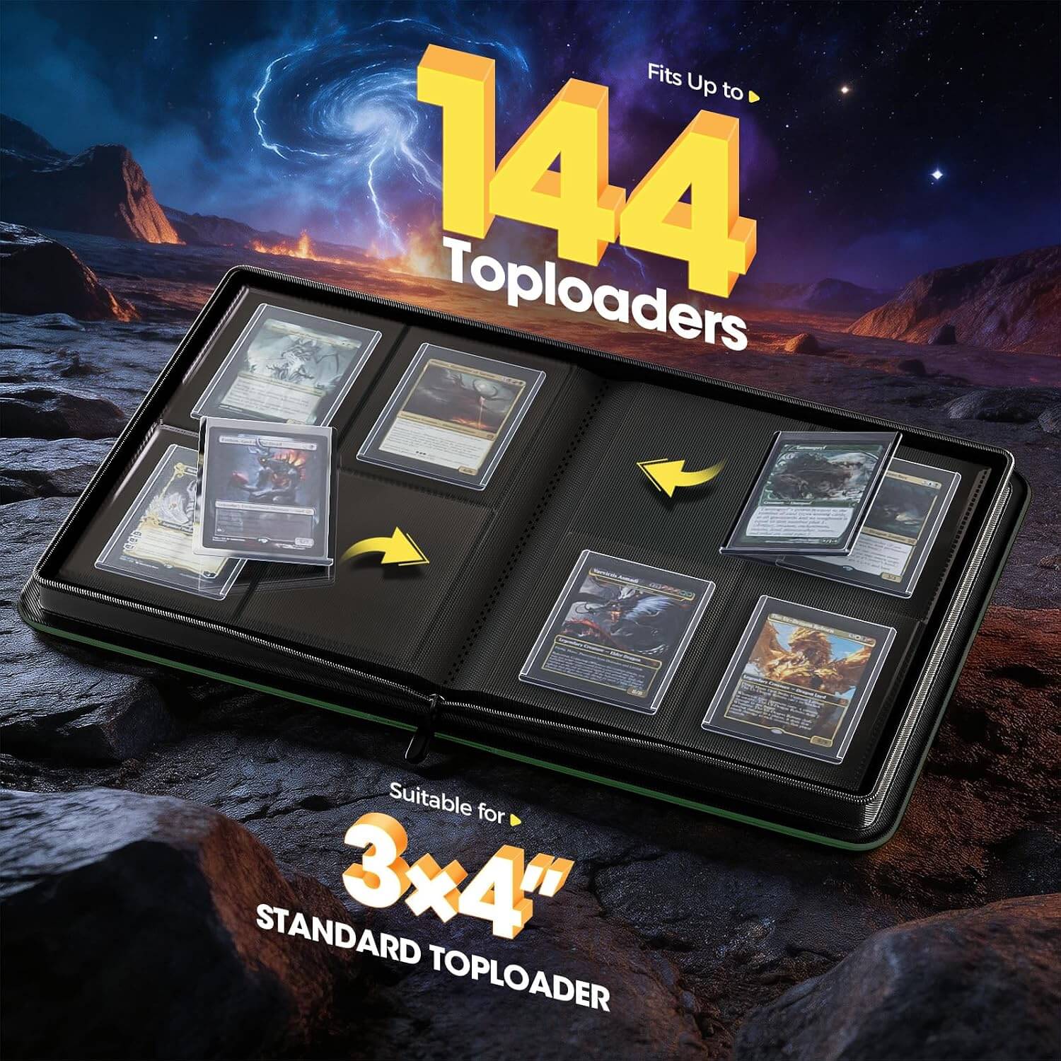 An open black 4 pocket top loader binder displayed on a rocky desert-like surface with a starry sky background. The album contains multiple clear-toploader slots holding sample cards.
