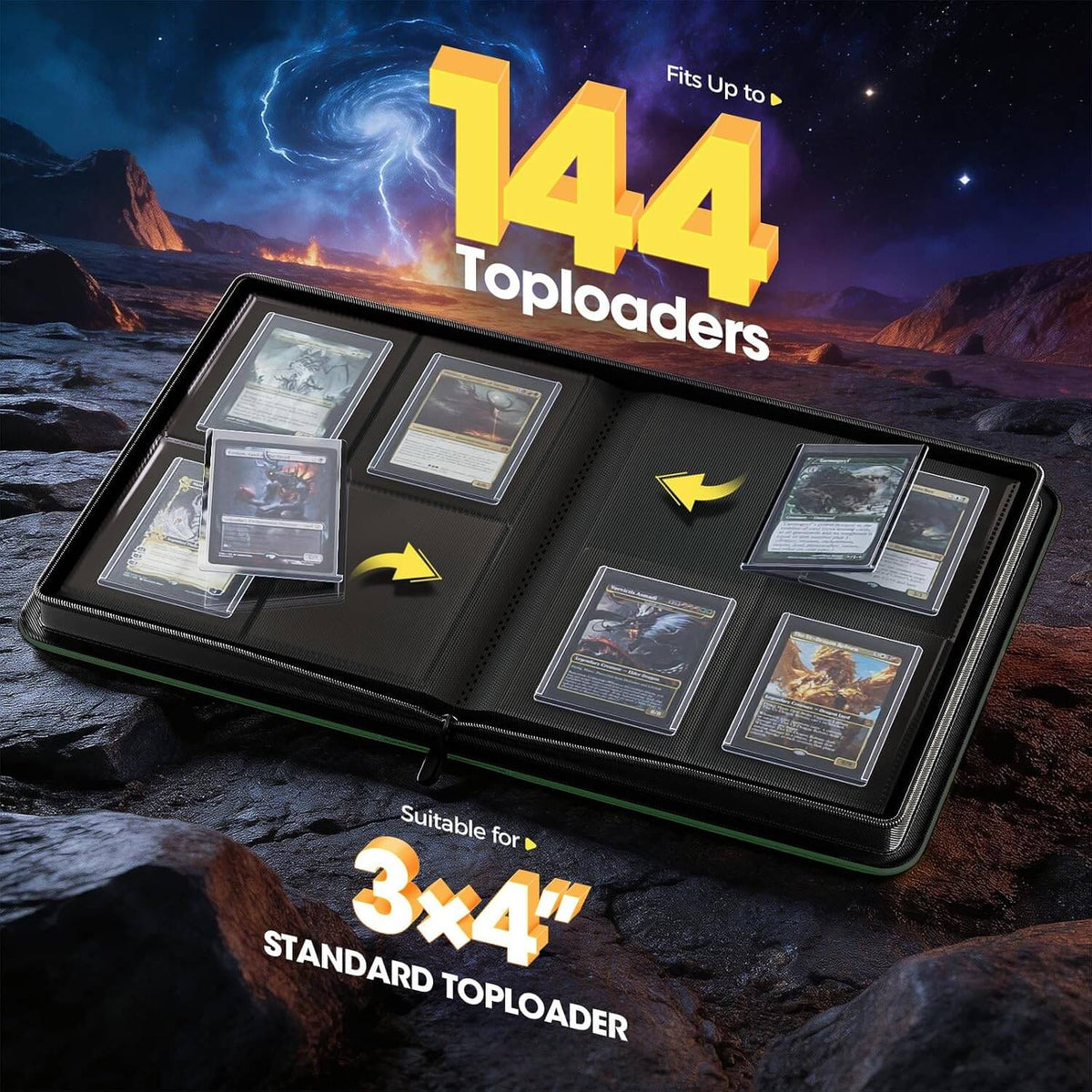 An open black 4 pocket top loader binder displayed on a rocky desert-like surface with a starry sky background. The album contains multiple clear-toploader slots holding sample cards.