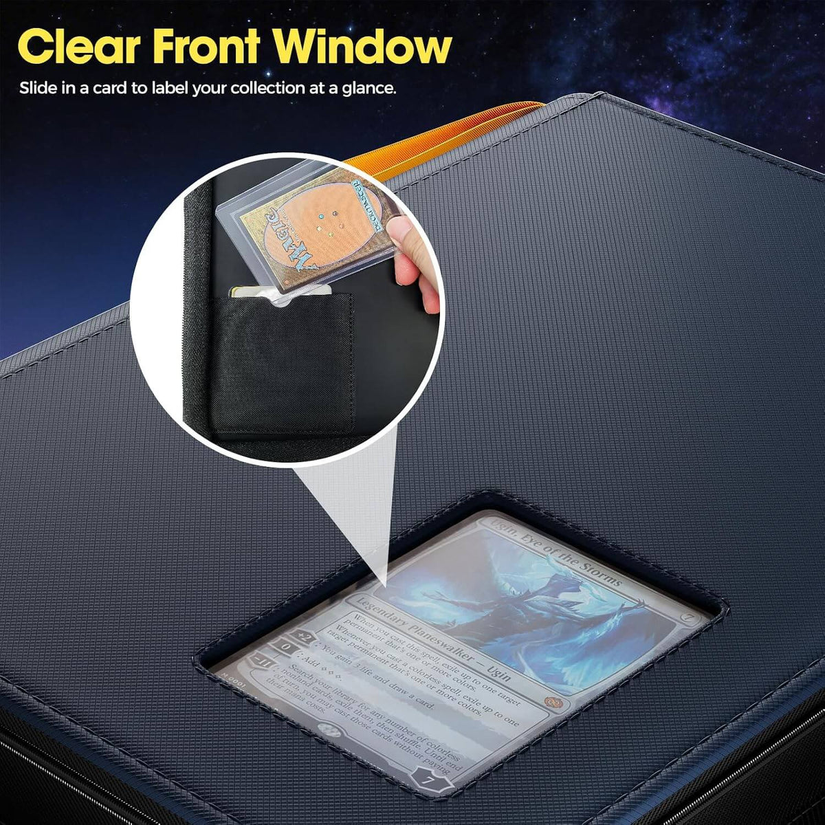 Navy 4 pocket top loader binder with clear front window for displaying trading cards, featuring a close-up of a card inside.