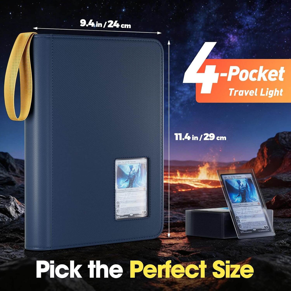 A navy 4 pocket top loader binder with a yellow wrist strap, shown with dimension lines and text overlays indicating its size. 