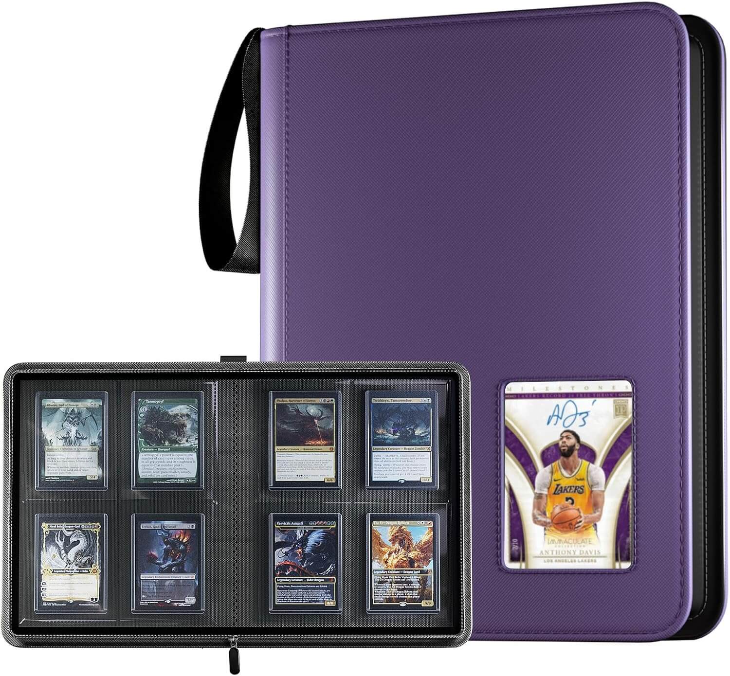 A purple 4 pocket top loader binder shown open with a black interior tray holding multiple trading cards, alongside the closed front cover featuring a clear ID window with an autographed card.