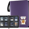 A purple 4 pocket top loader binder shown open with a black interior tray holding multiple trading cards, alongside the closed front cover featuring a clear ID window with an autographed card.