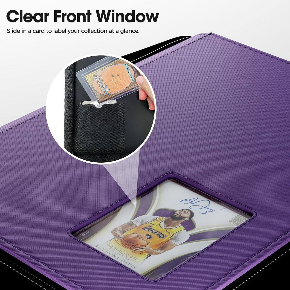 Purple 4 pocket top loader binder with a clear front window showing a basketball card, plus a circular inset showing a black pocket holding a card. Text at top reads 'Clear Front Window' and 'Slide in a card to label your collection at a glance.