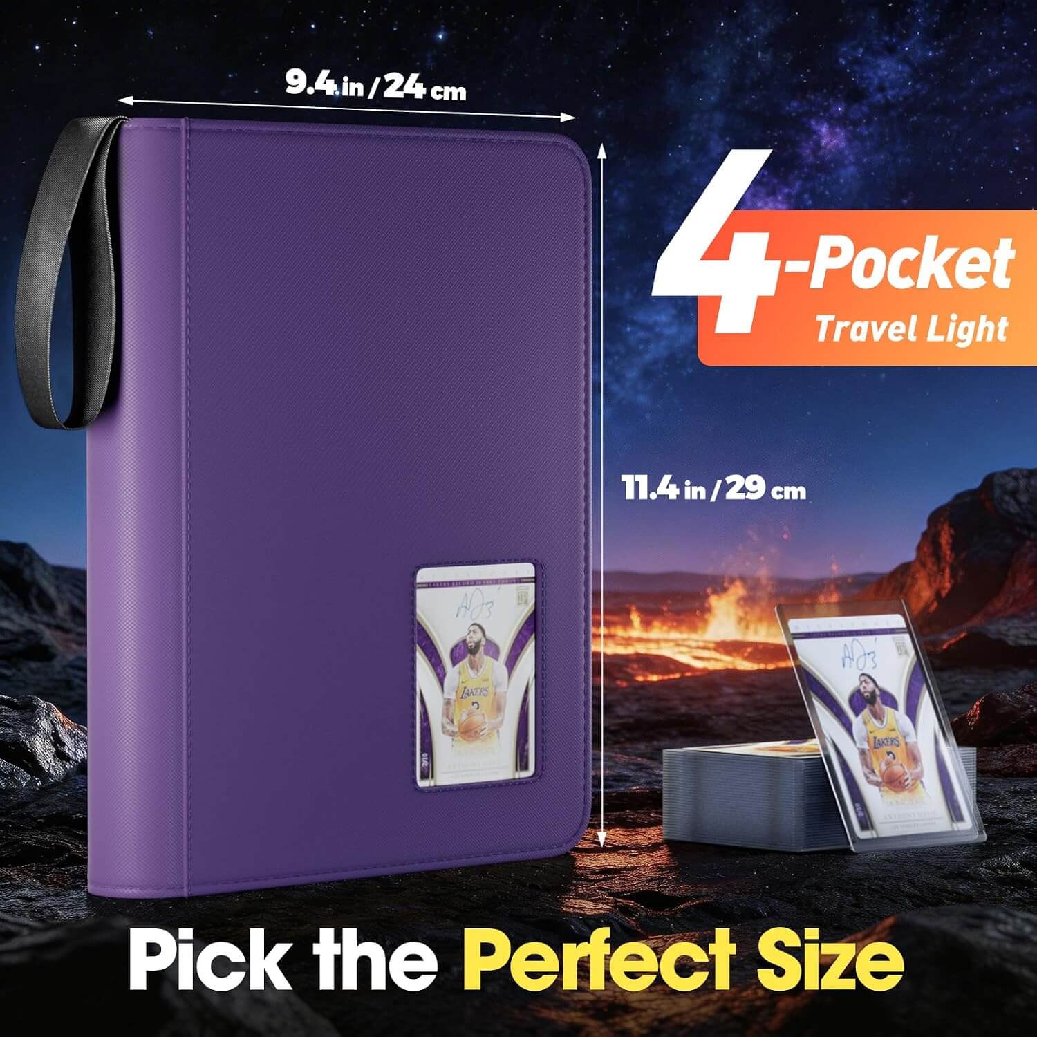 Purple 4 pocket top loader binder shown with dimension annotations and a space-themed background. The main product is a textured faux-leather style folio with a wrist strap and clear ID window, with two smaller views showing the interior pockets and a card holder standing beside it.
