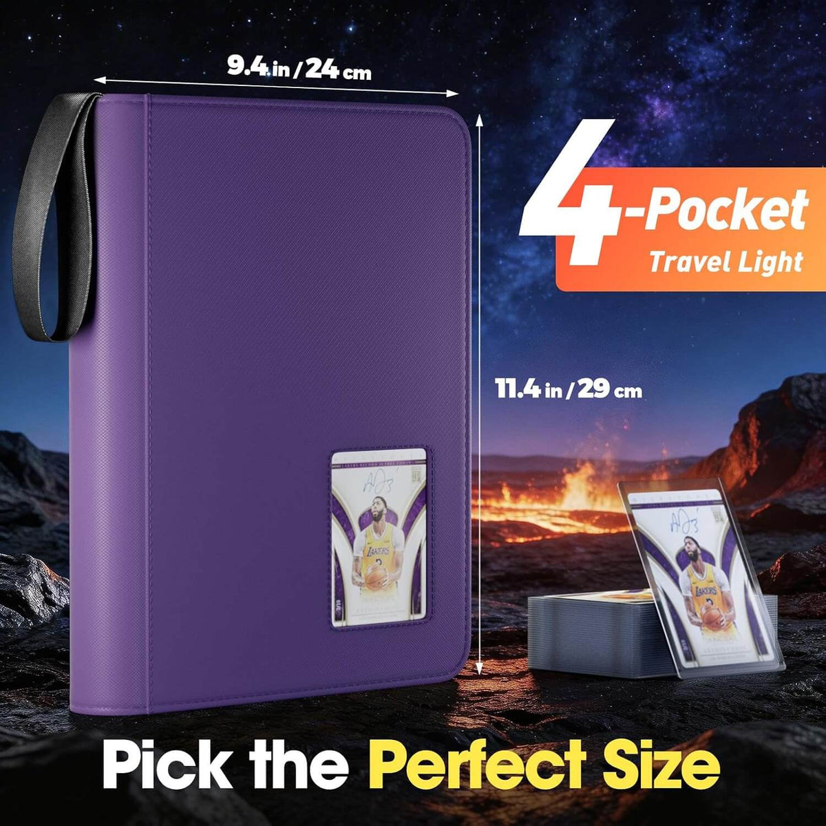 Purple 4 pocket top loader binder shown with dimension annotations and a space-themed background. The main product is a textured faux-leather style folio with a wrist strap and clear ID window, with two smaller views showing the interior pockets and a card holder standing beside it.