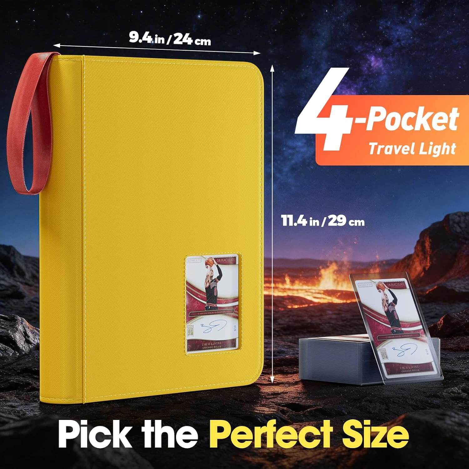 Yellow 4 pocket top loader binder with dimensions and display of cards against a scenic background.