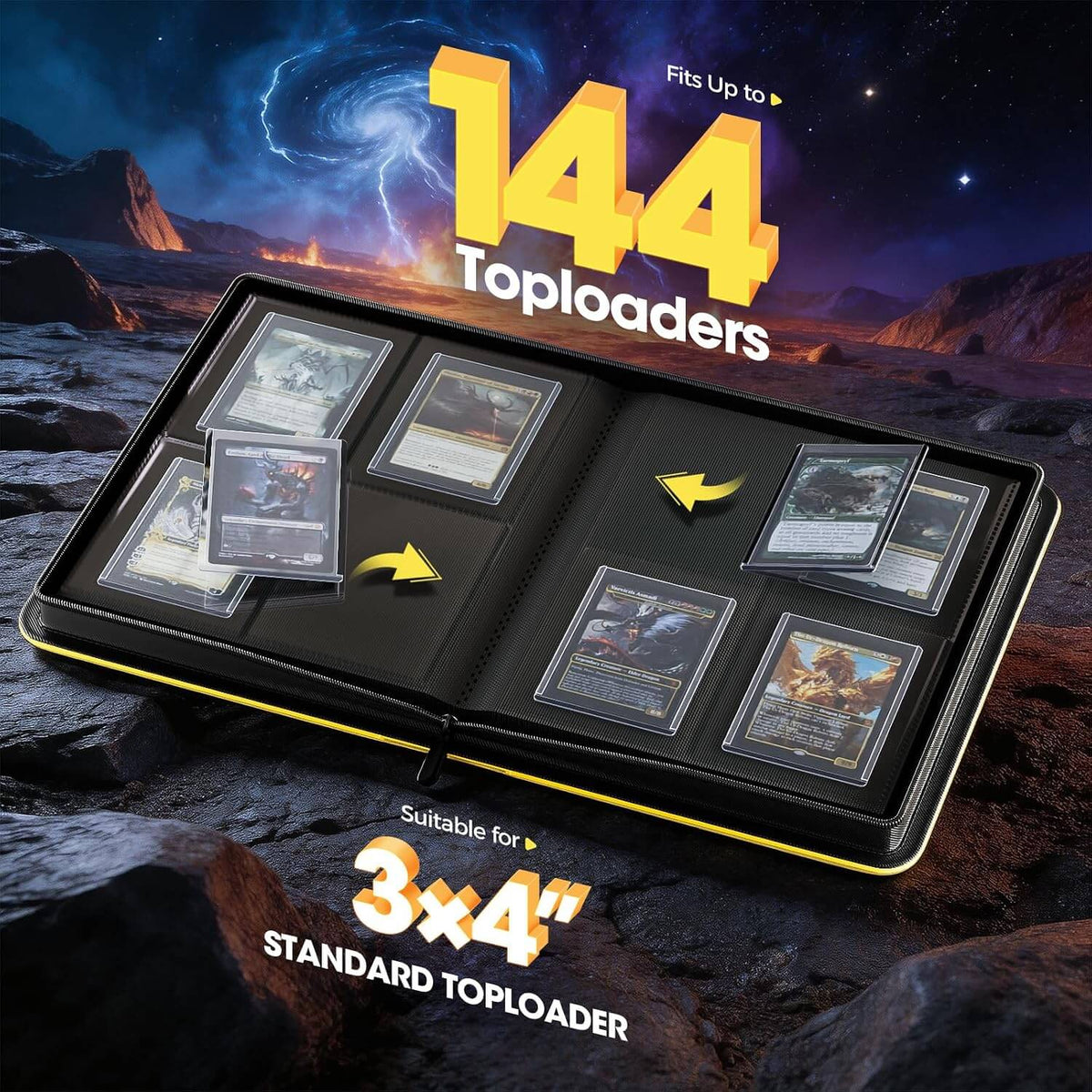A yellow 4 pocket top loader binder shown open, displaying six clear sleeves with sample trading cards. 