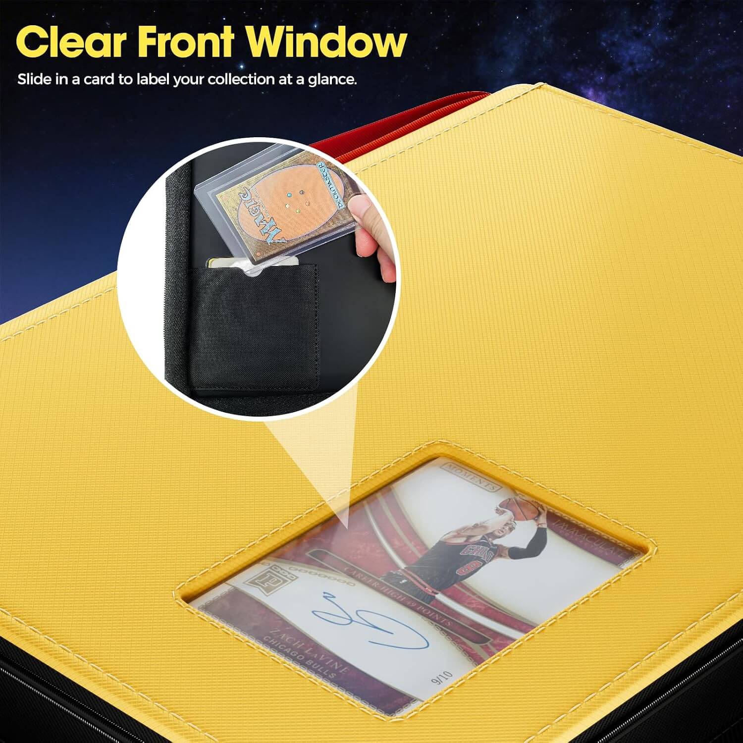 Yellow 4 pocket top loader binder with clear front window for displaying cards, featuring a close-up inset of a hand sliding a card into the holder.