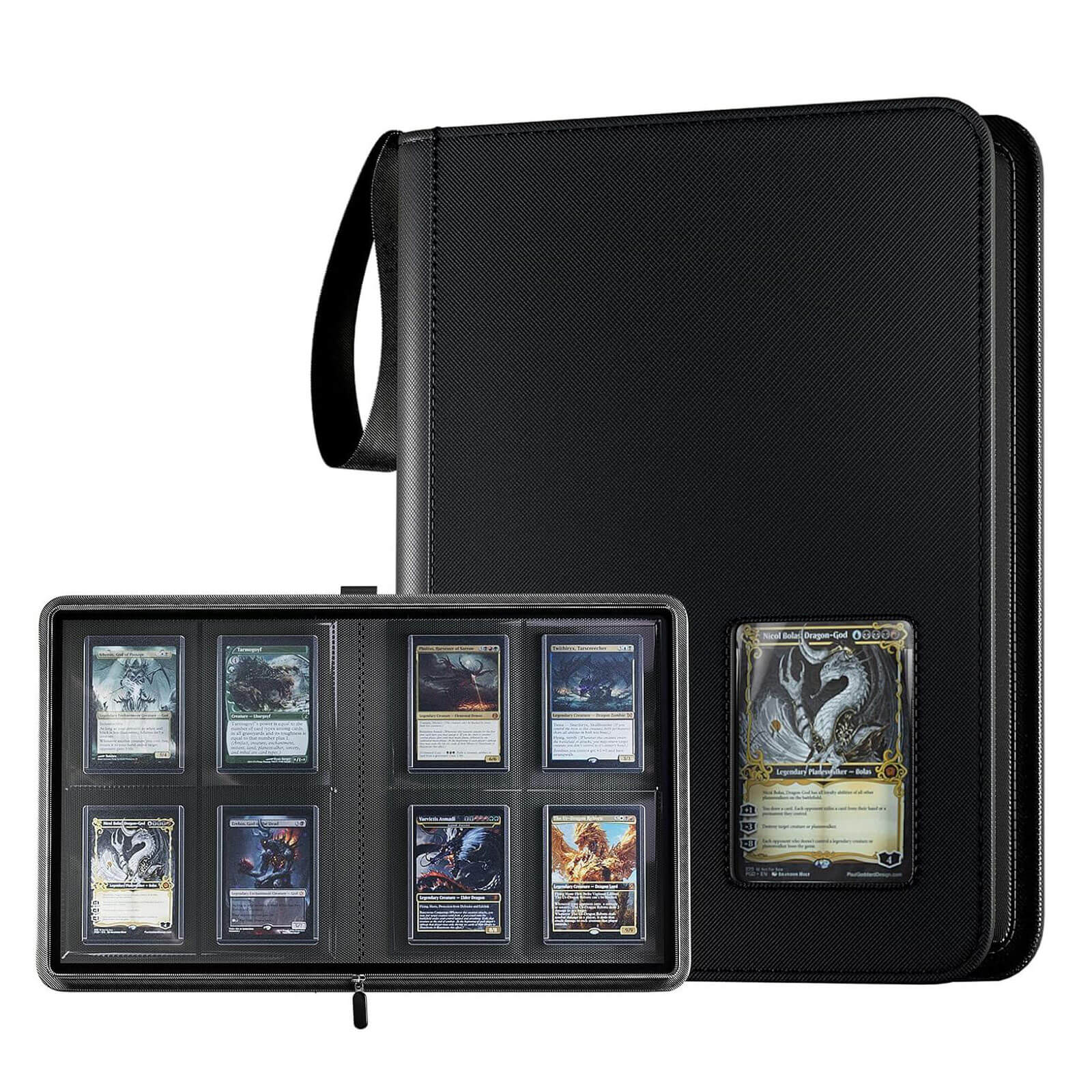 Card storage binder with toploaders on a blue background