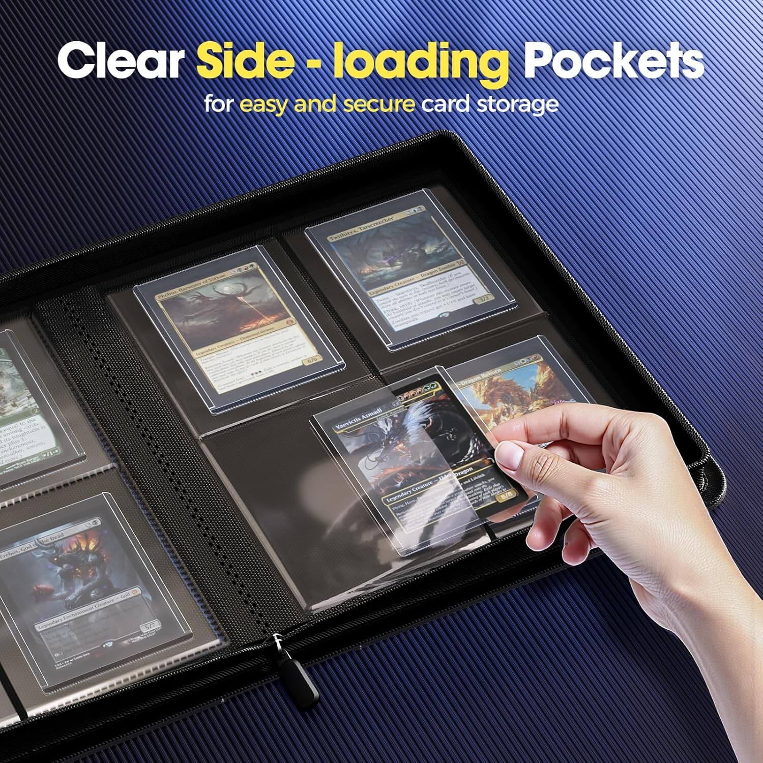 Card storage binder with clear side-loading pockets on a blue background