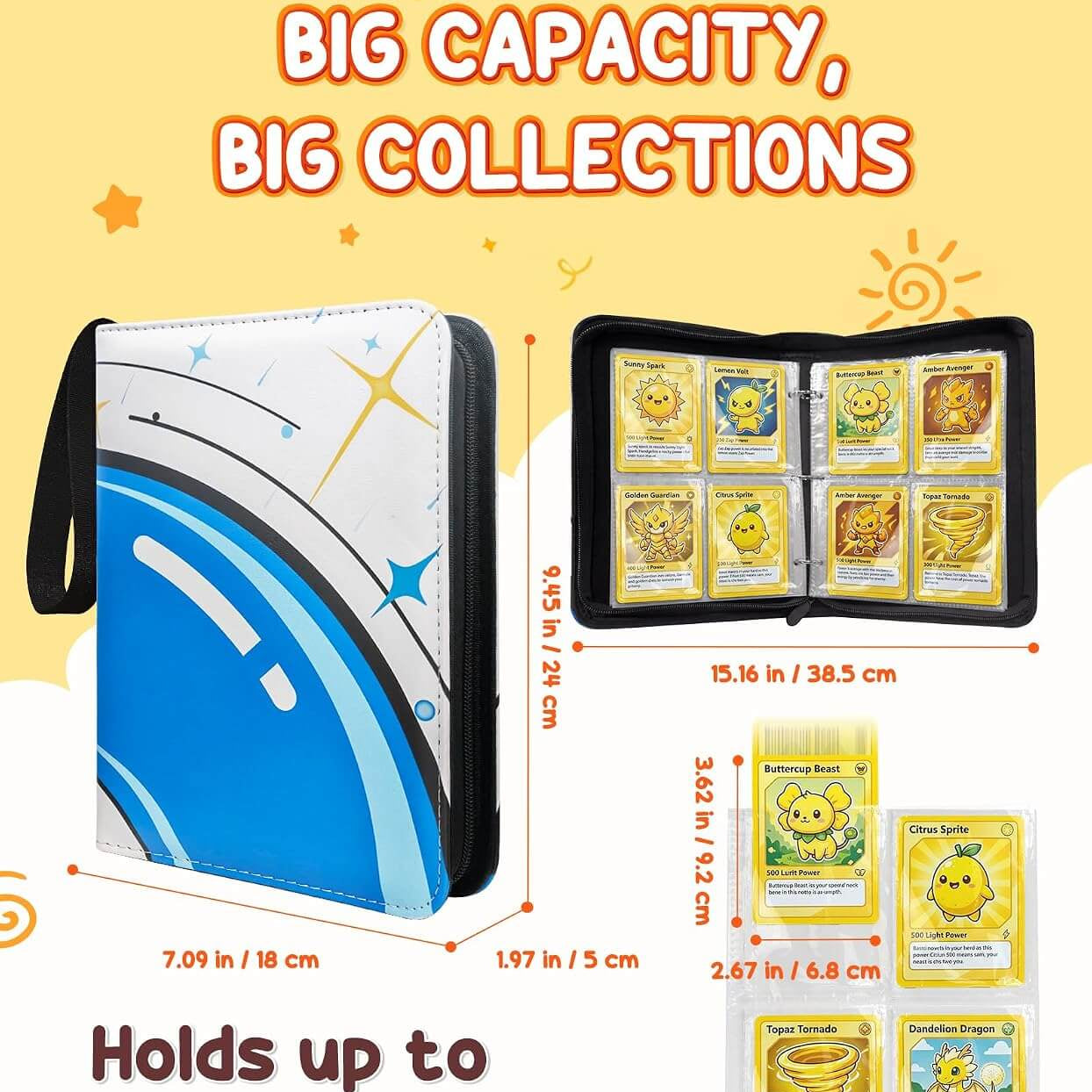 A promotional product graphic for a card holder and card pack set. The main product shown is a blue, white, and black zippered card case on the left, with dimension lines and text stating 7.