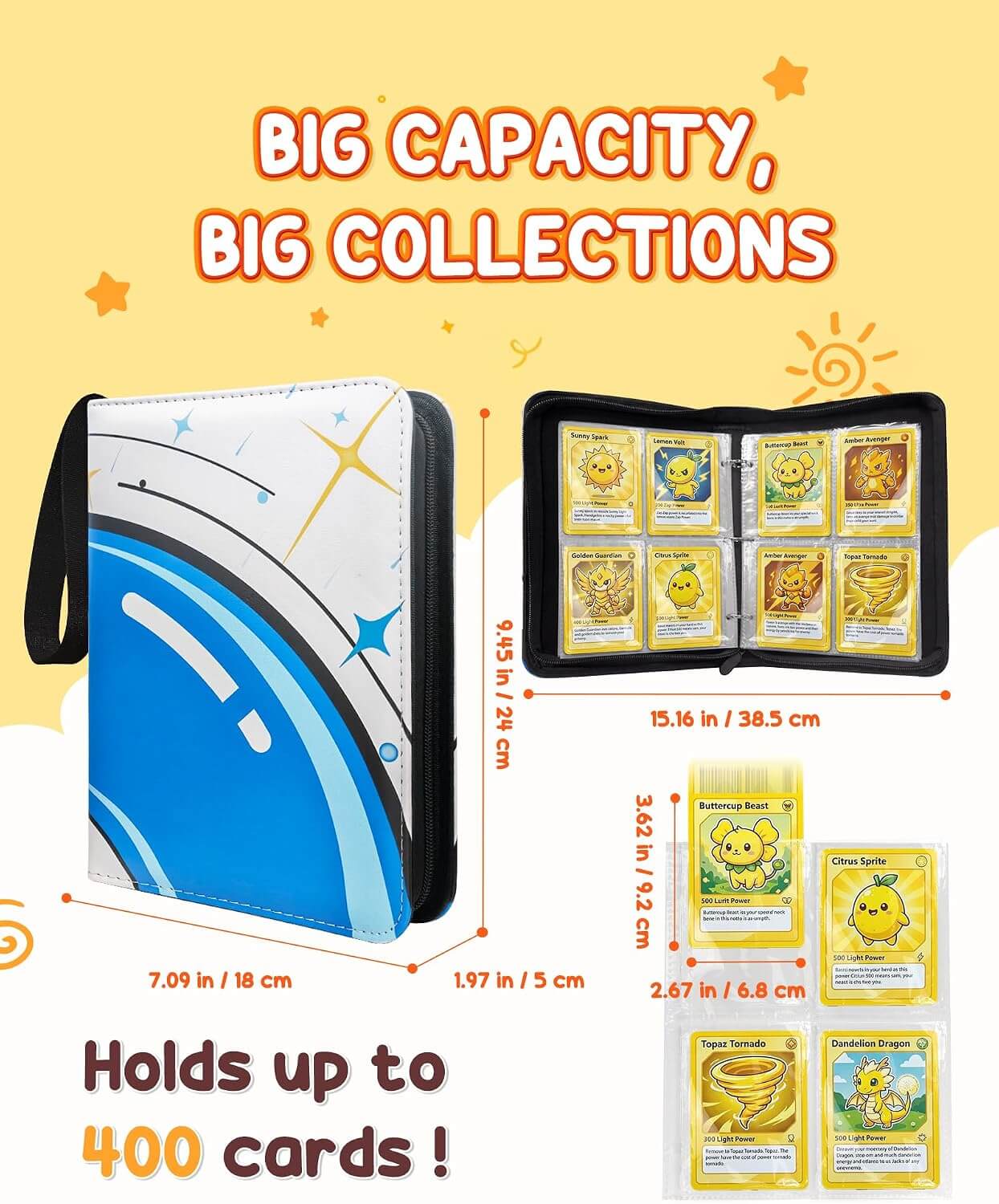 A promotional product graphic for a card holder and card pack set. The main product shown is a blue, white, and black zippered card case on the left, with dimension lines and text stating 7.