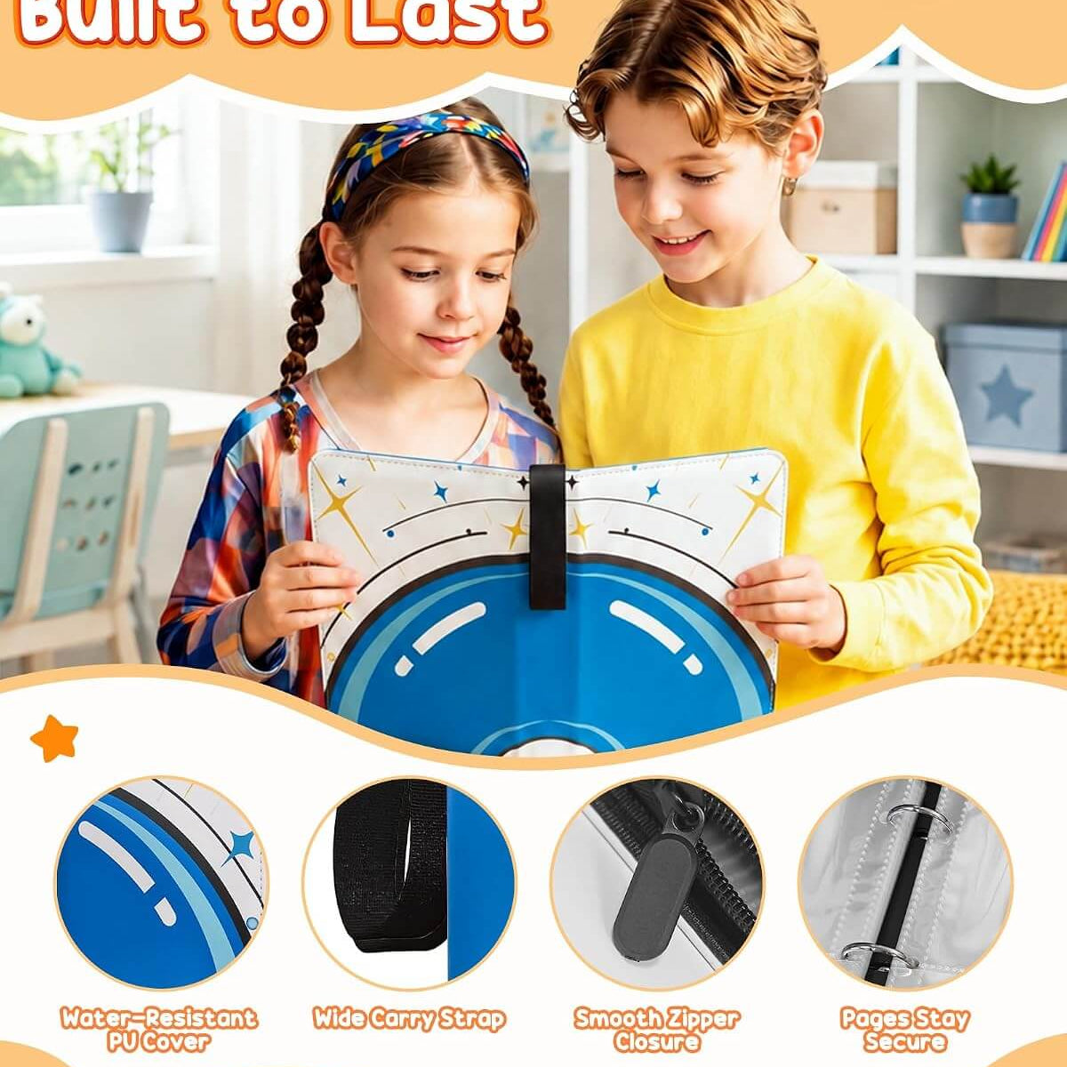 Two children holding a blue and white circular activity book in a bright room, with promotional text at the top and four circular feature callouts at the bottom highlighting water-resistant cover, wide carry strap, smooth cover, and page security.