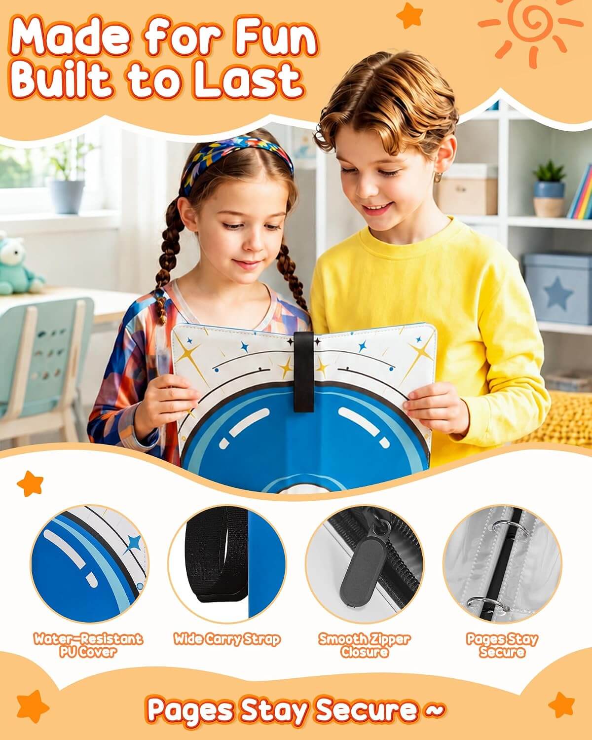 Two children holding a blue and white circular activity book in a bright room, with promotional text at the top and four circular feature callouts at the bottom highlighting water-resistant cover, wide carry strap, smooth cover, and page security.