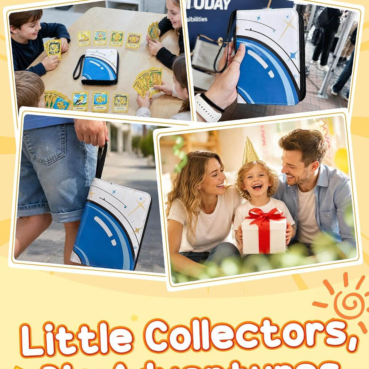A promotional collage for a blue and white 'Little Collectors' bag, showing children and adults using it outdoors. The collage includes close-ups of the bag, people interacting with it, and a family holding a gift box.