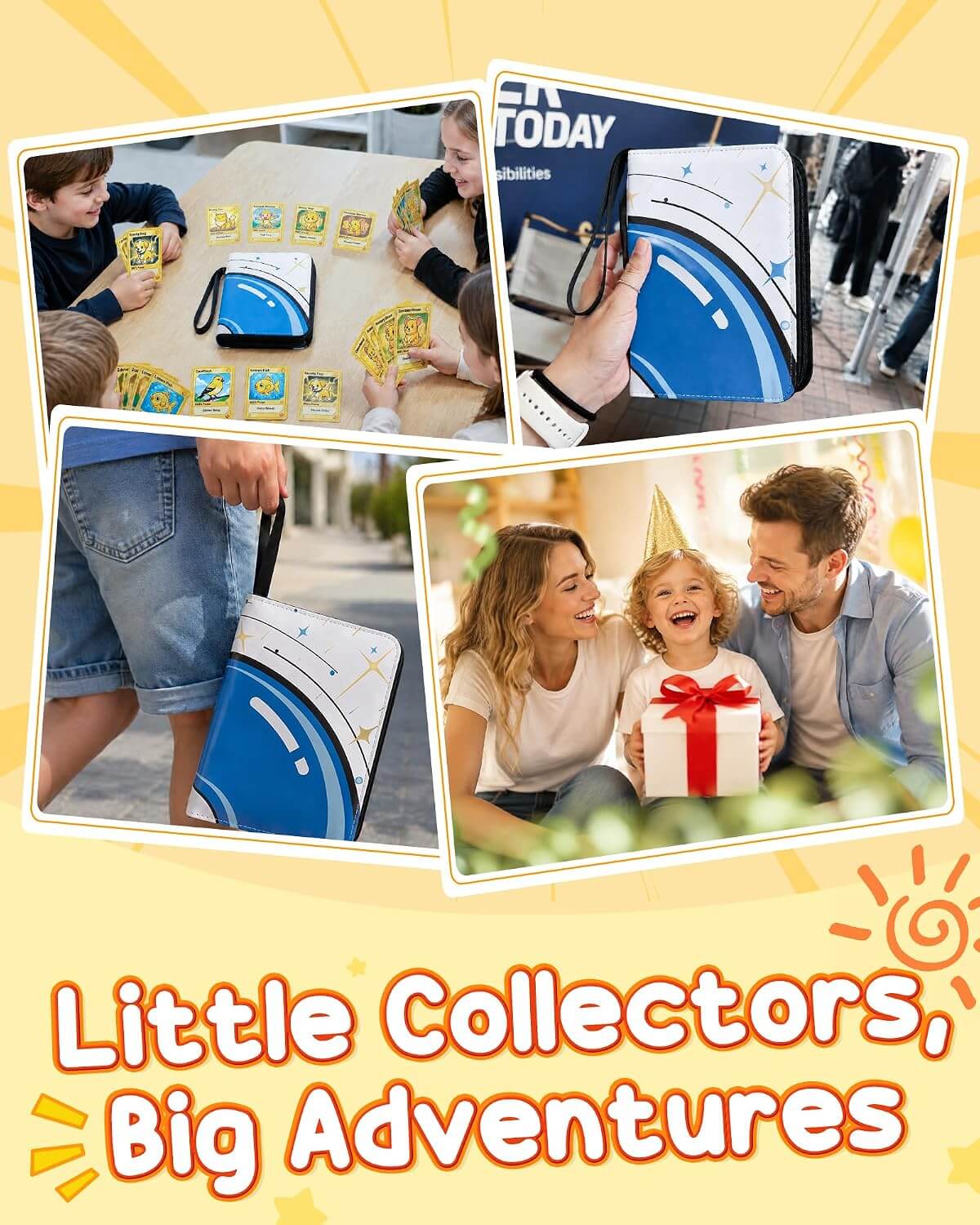 A promotional collage for a blue and white 'Little Collectors' bag, showing children and adults using it outdoors. The collage includes close-ups of the bag, people interacting with it, and a family holding a gift box.
