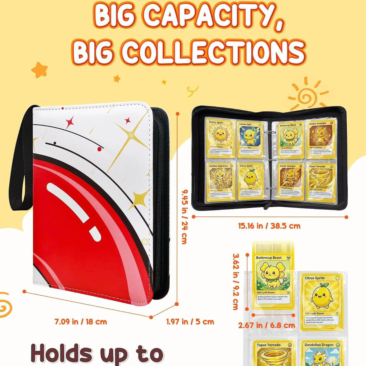 A promotional graphic for a card holder and binder set. The main product shown is a white and red card sleeve with a black handle, alongside an open black ring binder displaying sample cards, plus small card thumbnails and dimension labels.