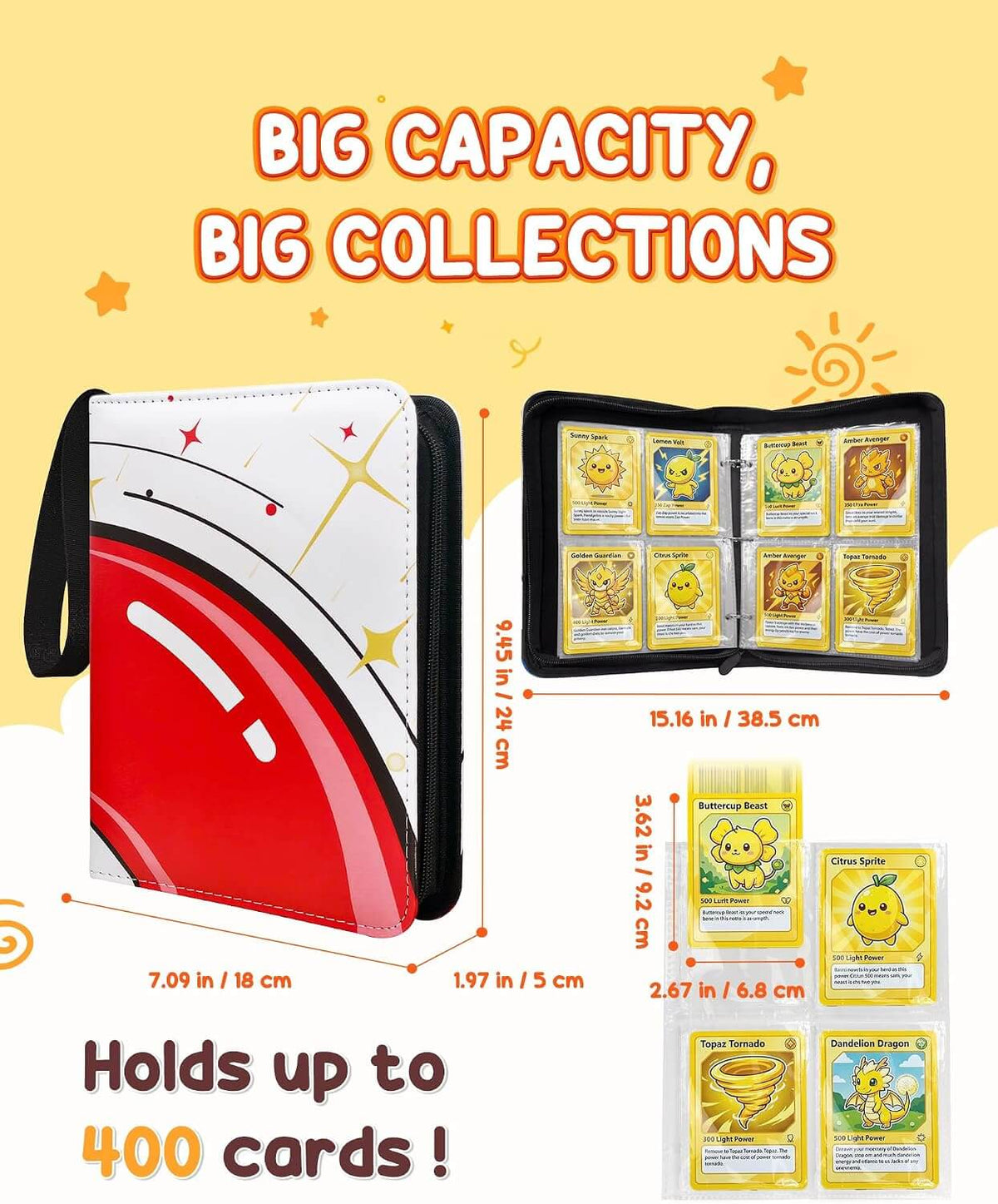A promotional graphic for a card holder and binder set. The main product shown is a white and red card sleeve with a black handle, alongside an open black ring binder displaying sample cards, plus small card thumbnails and dimension labels.