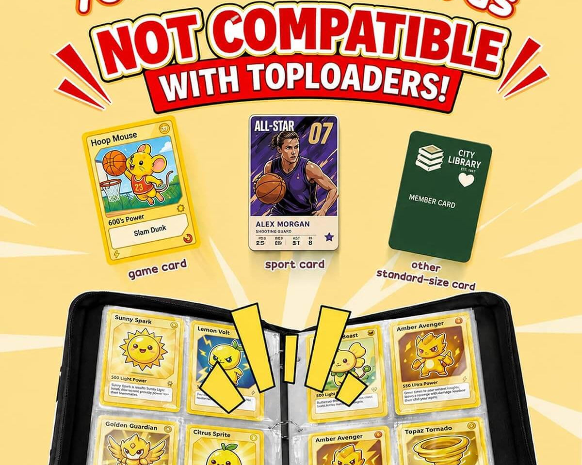 A black trading card binder shown open with sample trading cards inside, surrounded by promotional text reading 'One Binder for All Your Favorite Cards' and 'NOT COMPATIBLE WITH TOPLOADERS!'. The image includes small example cards labeled game card, sport card, and other standalone-size card, on a yellow graphic background.