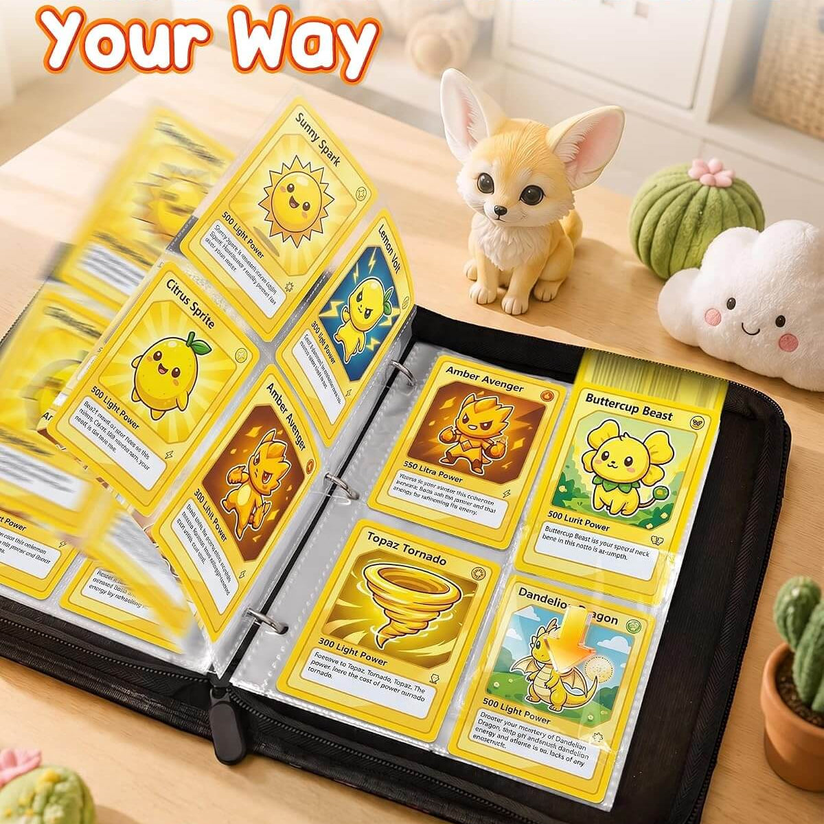 An open black 3-ring binder filled with yellow custom trading cards, shown on a wooden tabletop with small decorative plants and a small dog figurine. Large text at the top reads 'Build Your Collection Your Way' and text at the bottom says '3-Ring Live Loop Custom Card Order.