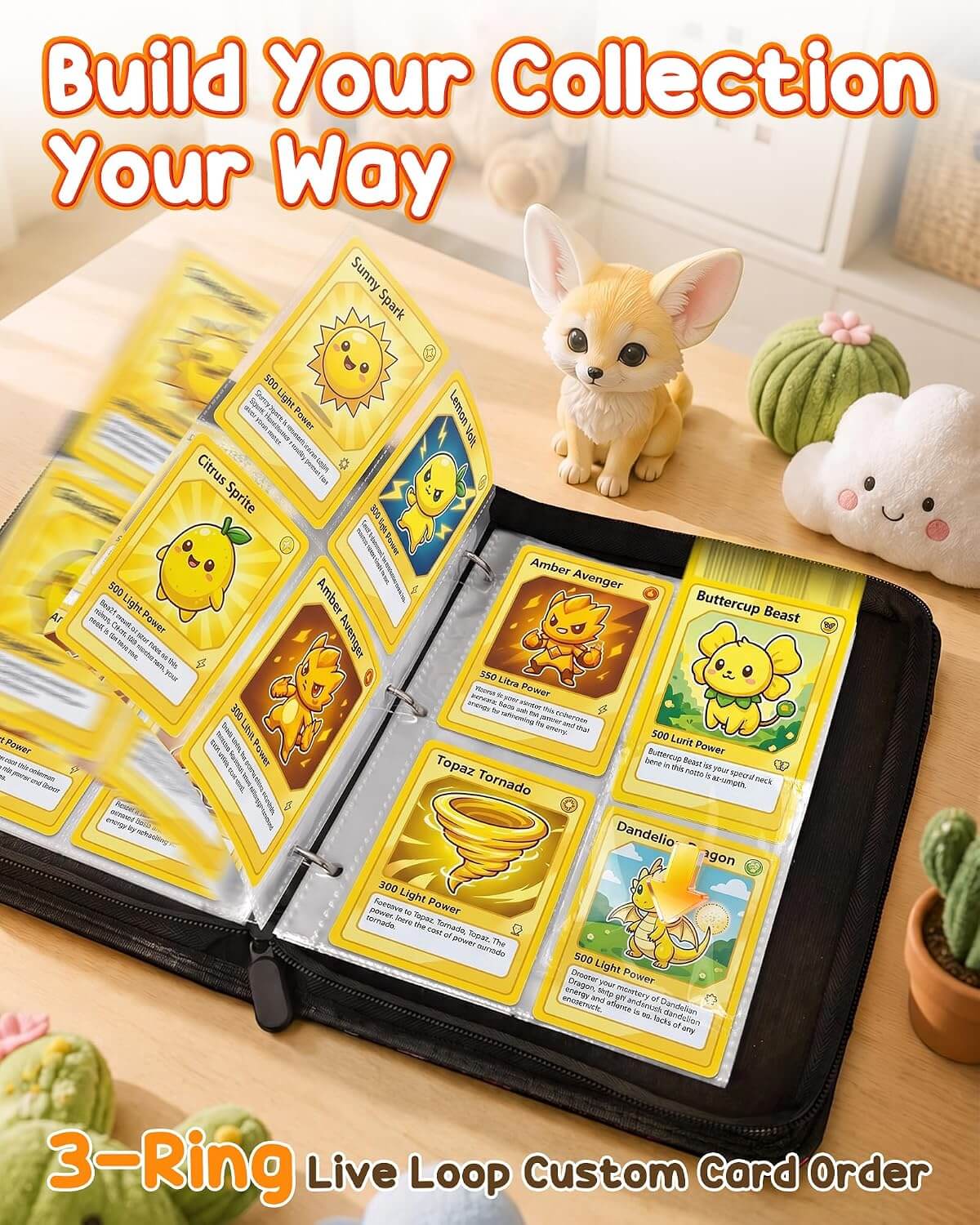 An open black 3-ring binder filled with yellow custom trading cards, shown on a wooden tabletop with small decorative plants and a small dog figurine. Large text at the top reads 'Build Your Collection Your Way' and text at the bottom says '3-Ring Live Loop Custom Card Order.