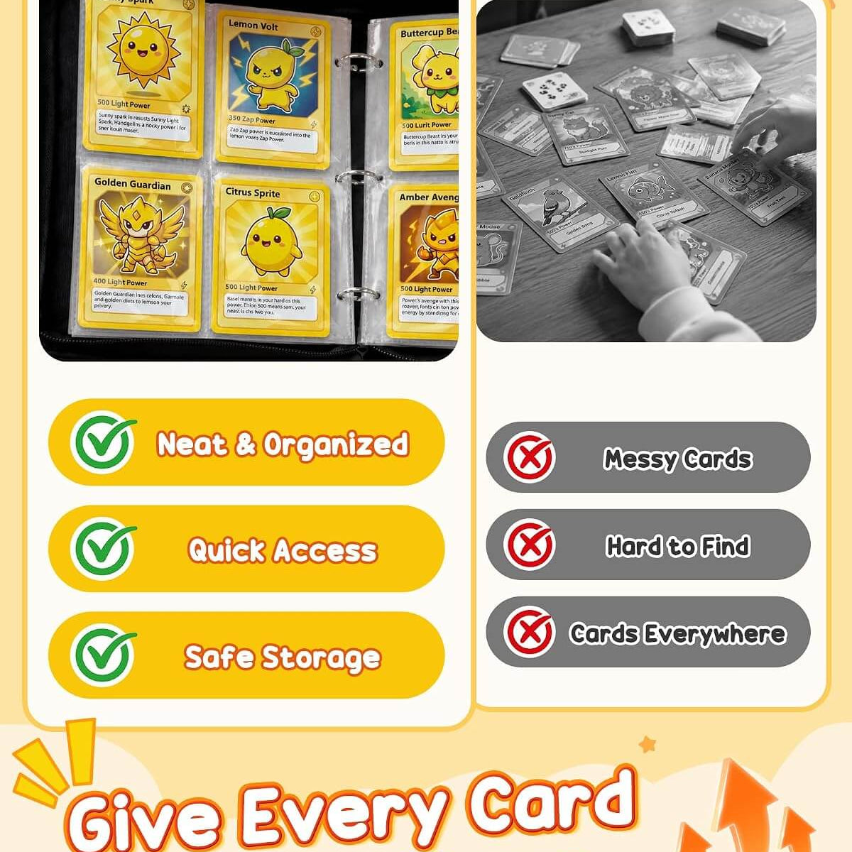 A promotional graphic for a card organizer binder set, showing a ring binder with yellow-bordered card sleeves on the left and a black-and-white photo of cards spread out on a table on the right. Text highlights features like neat organization, quick access, safe storage, and lists problems such as messy cards and cards everywhere.