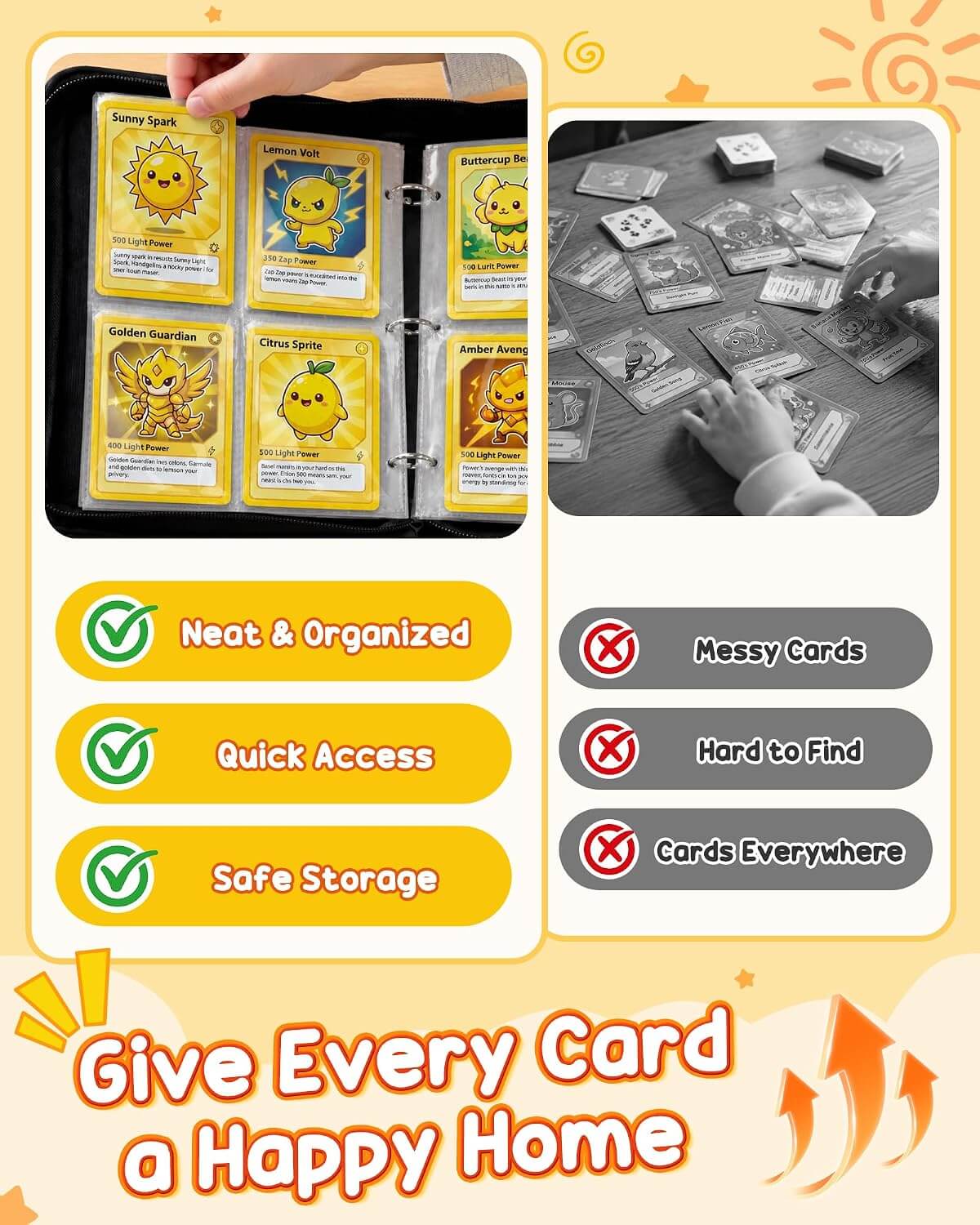 A promotional graphic for a card organizer binder set, showing a ring binder with yellow-bordered card sleeves on the left and a black-and-white photo of cards spread out on a table on the right. Text highlights features like neat organization, quick access, safe storage, and lists problems such as messy cards and cards everywhere.