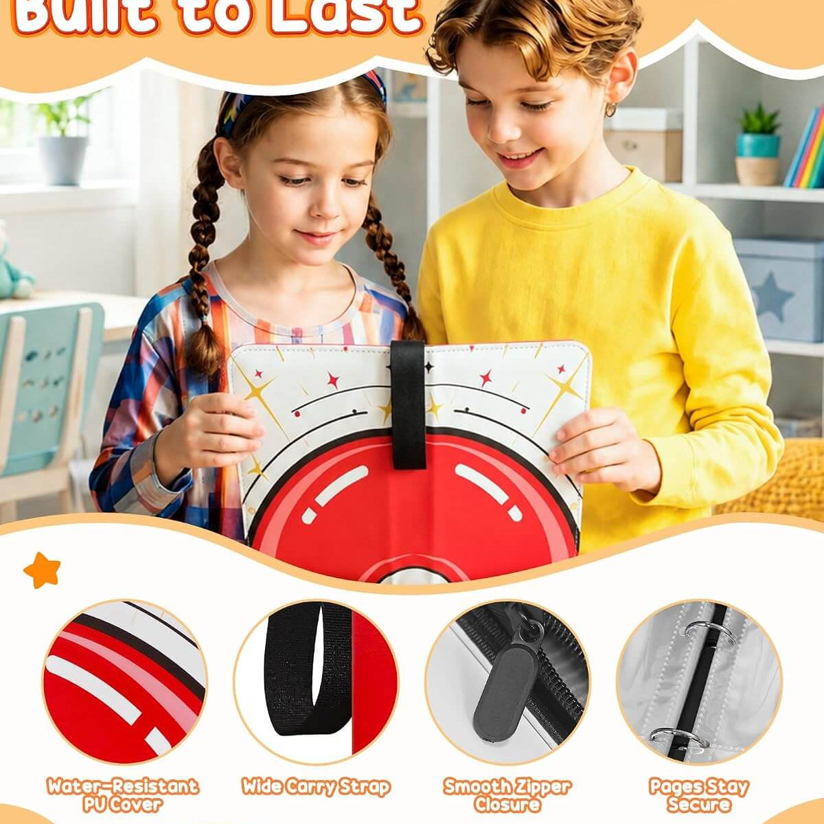 Two children holding a red and white circular water-resistant page holder in a brightly lit room. The image includes promotional text at the top and bottom, along with four circular feature callouts highlighting water resistance, a wide carry strap, smooth grip, and page security.