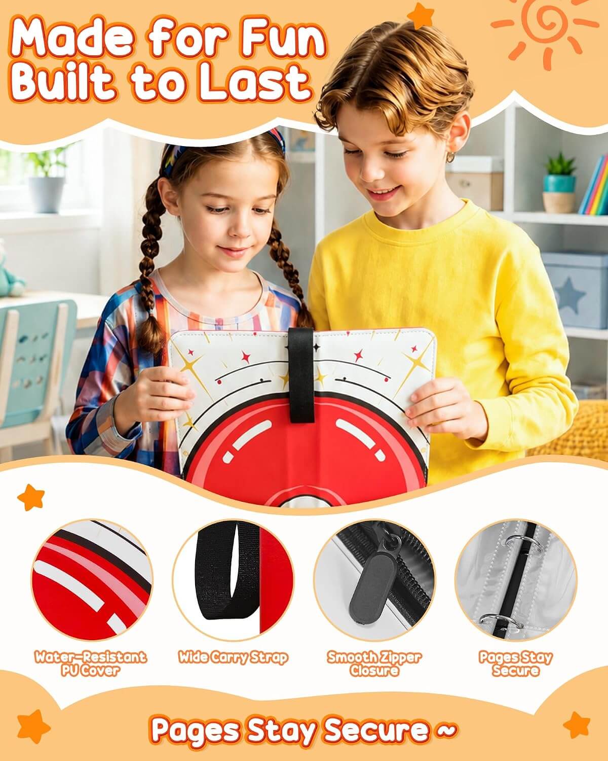 Two children holding a red and white circular water-resistant page holder in a brightly lit room. The image includes promotional text at the top and bottom, along with four circular feature callouts highlighting water resistance, a wide carry strap, smooth grip, and page security.