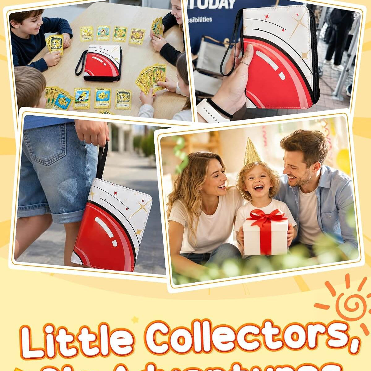 A promotional collage for a Little Collectors Big Adventure card game set, featuring multiple lifestyle photos of children and adults playing with red and white game pieces, cards, and a matching bag. The text 'Little Collectors, Big Adventures' is displayed at the bottom on a yellow background with sunburst rays.