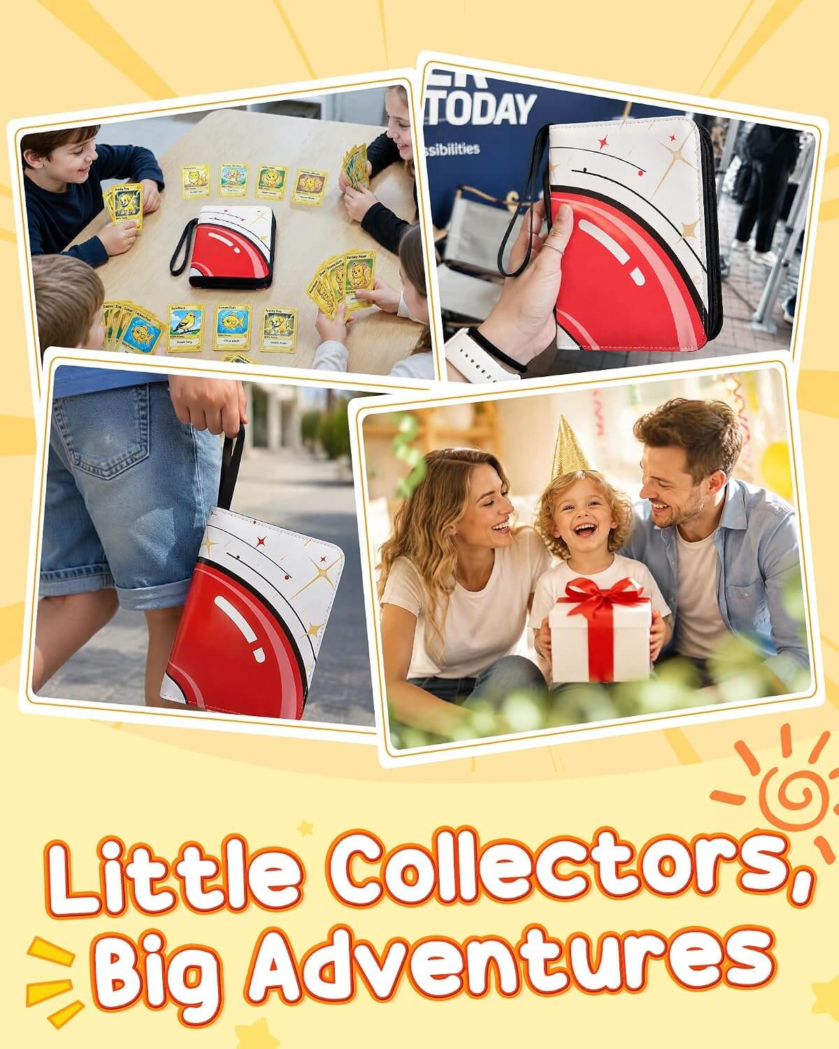 A promotional collage for a Little Collectors Big Adventure card game set, featuring multiple lifestyle photos of children and adults playing with red and white game pieces, cards, and a matching bag. The text 'Little Collectors, Big Adventures' is displayed at the bottom on a yellow background with sunburst rays.