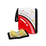 A black zippered card or sticker album with a glossy red, white, and black abstract cover design, shown closed with a wrist strap and open with several yellow-bordered cards fanned out inside, on a plain white background.