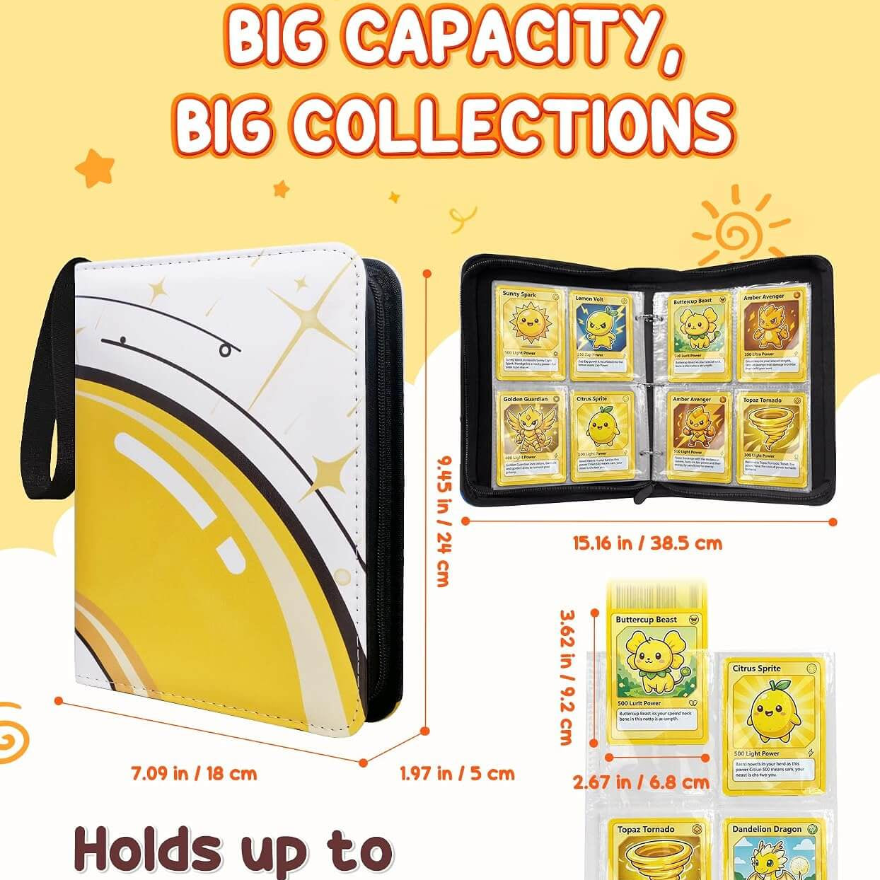 A promotional product graphic for a card holder and card set. The main item is a large white and yellow card case with a black wrist strap, shown closed.
