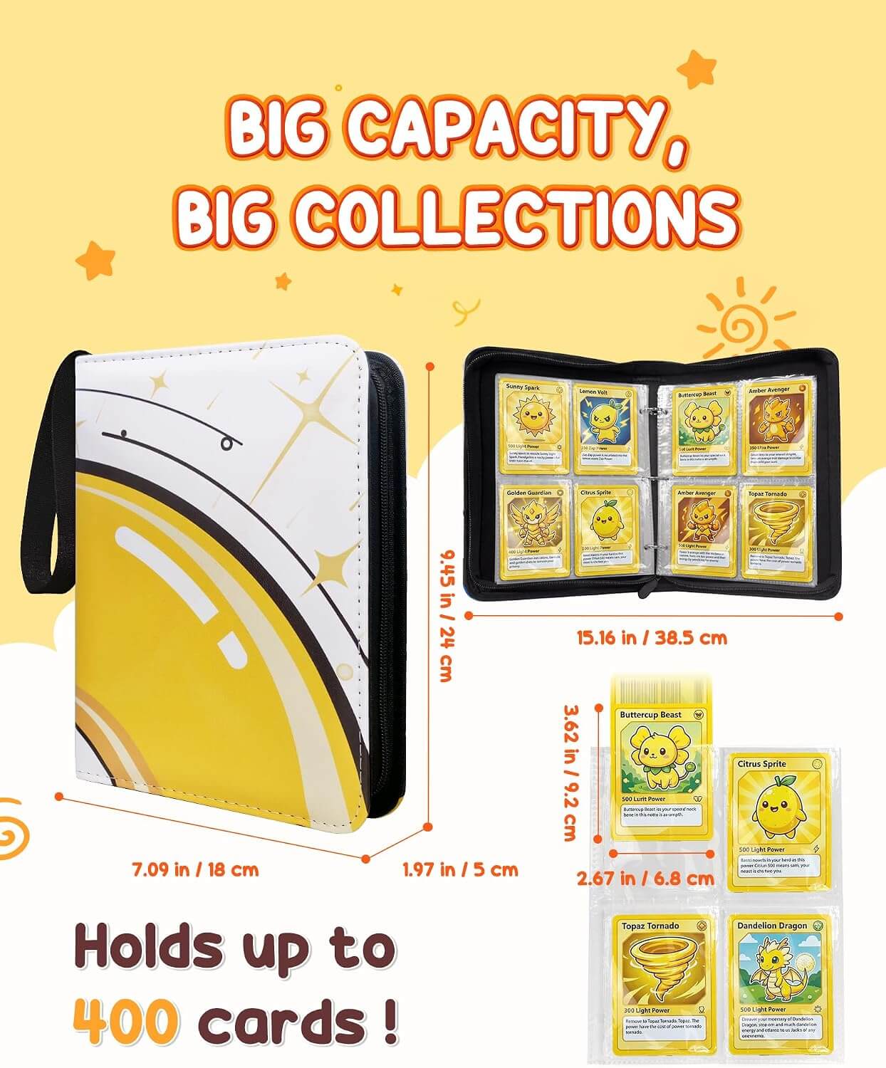 A promotional product graphic for a card holder and card set. The main item is a large white and yellow card case with a black wrist strap, shown closed.