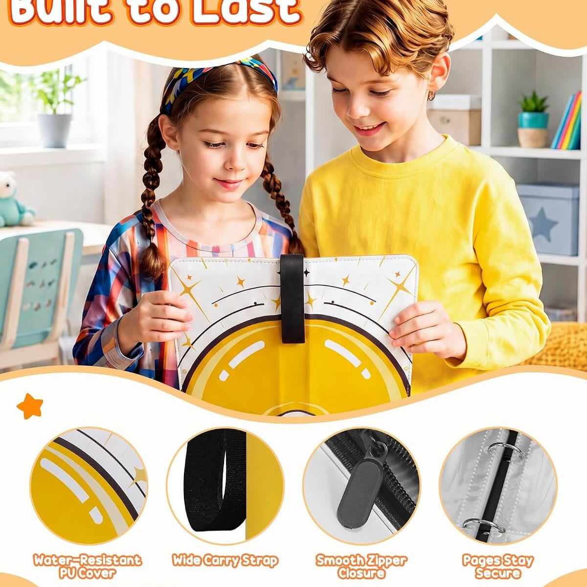 Two children holding a yellow and white spiral-bound notebook in a brightly lit room. The image includes promotional text reading 'Made for Fun Built to Last' and 'Pages Stay Secure' with four circular detail callouts showing water-resistant cover, wide carry strap, smooth cover, and page security.