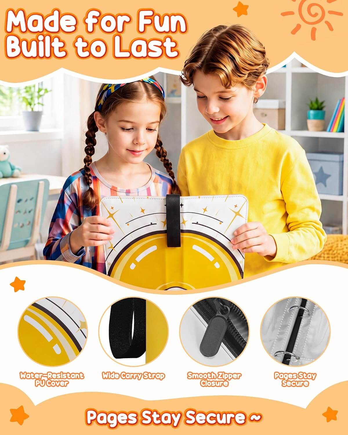 Two children holding a yellow and white spiral-bound notebook in a brightly lit room. The image includes promotional text reading 'Made for Fun Built to Last' and 'Pages Stay Secure' with four circular detail callouts showing water-resistant cover, wide carry strap, smooth cover, and page security.