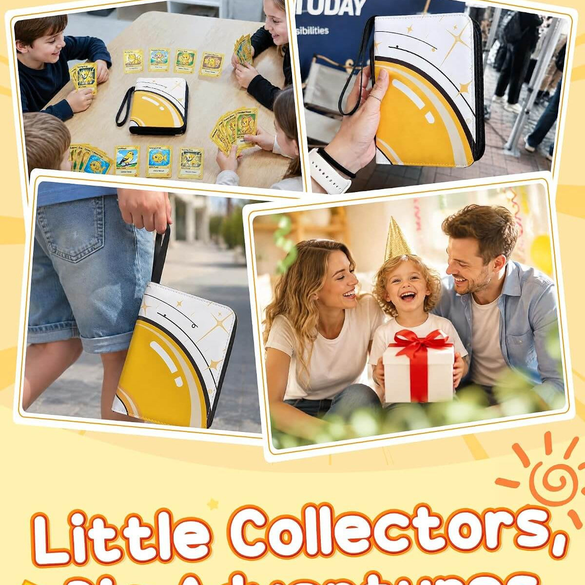 A promotional collage for Little Collectors featuring multiple lifestyle photos of children and a family using a yellow and white collectible suitcase or bag with star details. The collage is set on a warm yellow background with the text 'Little Collectors, Big Adventures' at the bottom.
