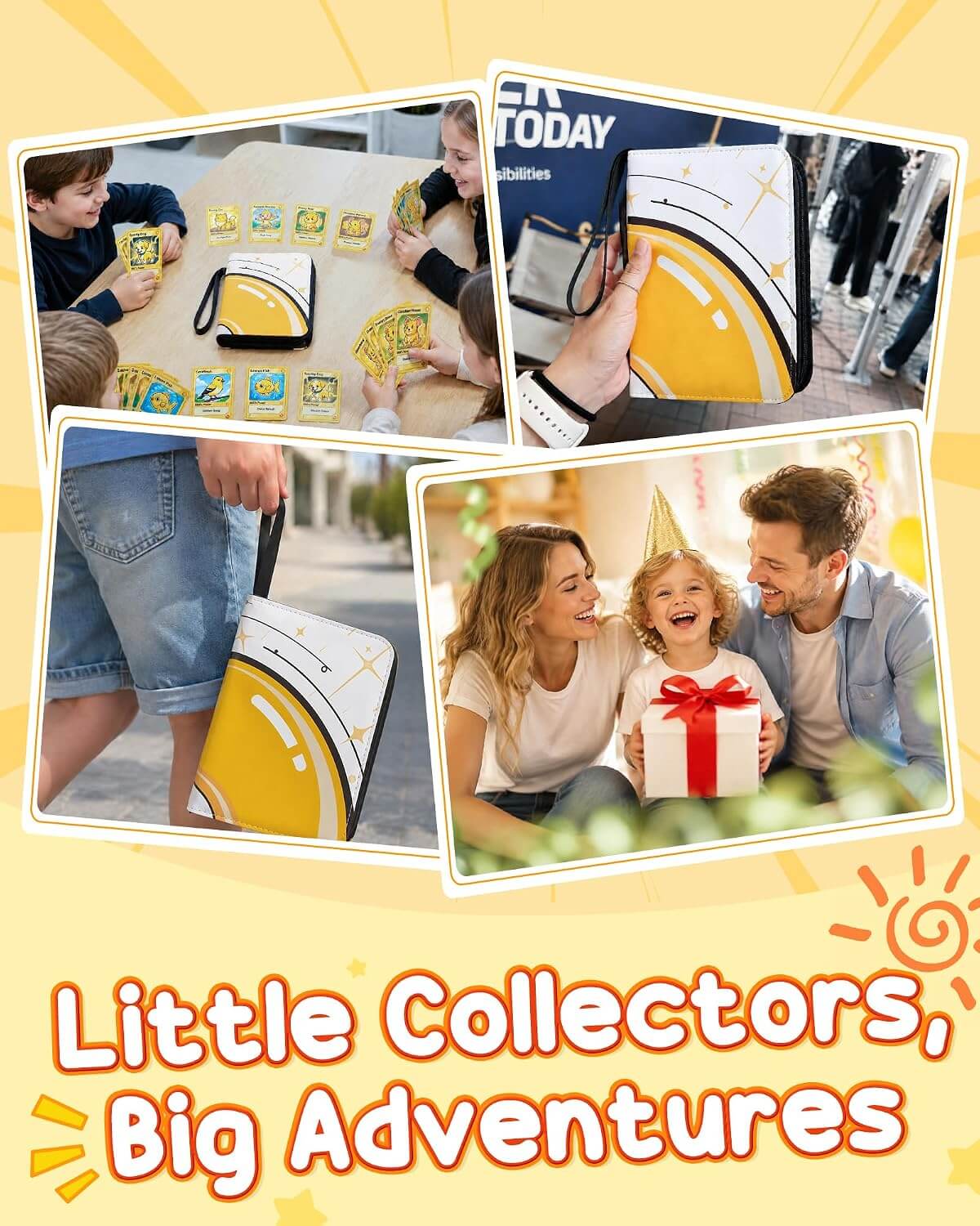 A promotional collage for Little Collectors featuring multiple lifestyle photos of children and a family using a yellow and white collectible suitcase or bag with star details. The collage is set on a warm yellow background with the text 'Little Collectors, Big Adventures' at the bottom.